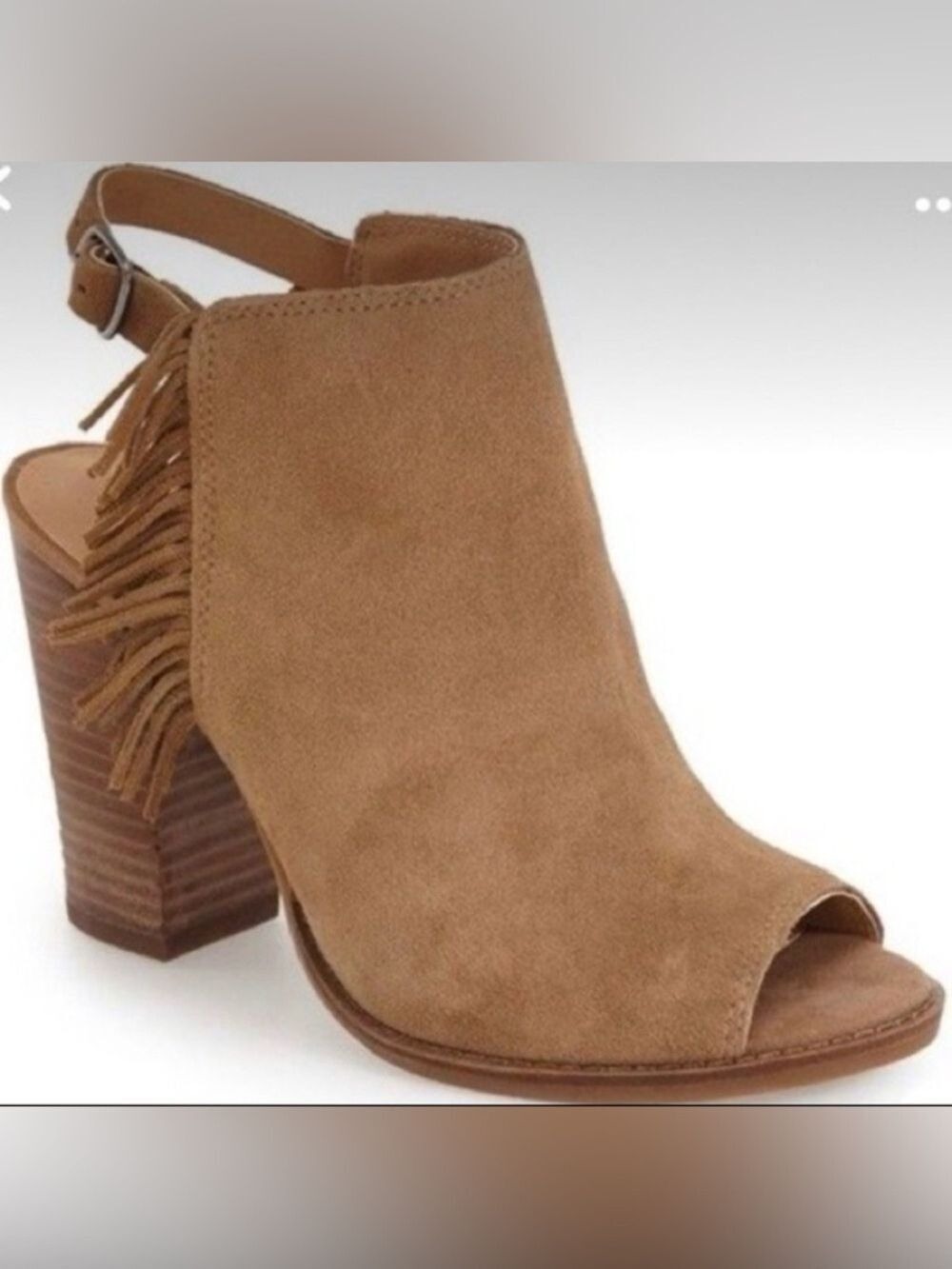 NEW Lucky Brand Suede Fringe Boho Open Toe Stacked Block Heel Sandal Shoe
